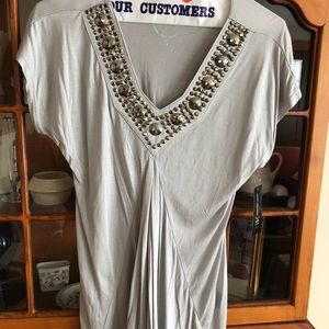 Rhinestone, V-neck, grey ruffle top